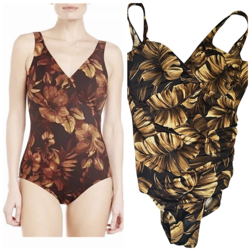Miraclesuit Oceanus 1Piece Swimsuit Tropical Print Floral Tummy Control Brown 14